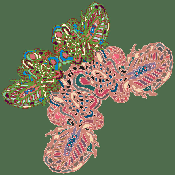 Абстрактная узорчатая красочная яркая бабочка с крыльями, текстильная печать, векторная иллюстрация. Для оформления ткани, обоев
. - Вектор,изображение