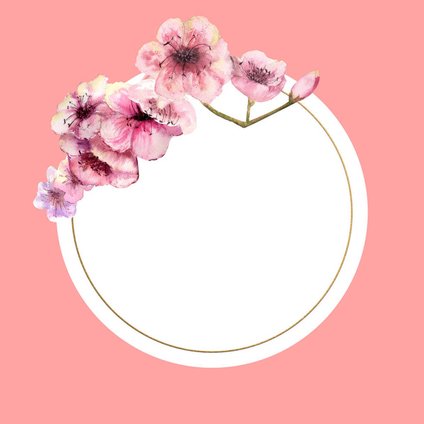 Flor de cerejeira, Sakura Branch com flores cor-de-rosa em moldura de ouro com belo fundo rosa. Imagem da primavera. Moldura. Ilustração aquarela. Elemento de design. Quadro redondo
 - Foto, Imagem