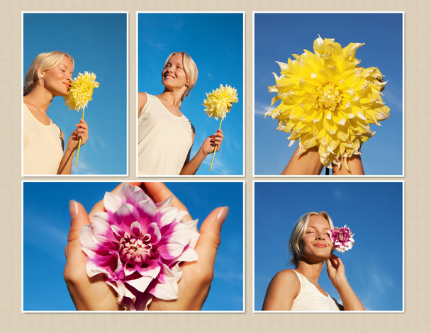 Jovem brilhante tirando fotos com flores ao ar livre
 - Foto, Imagem