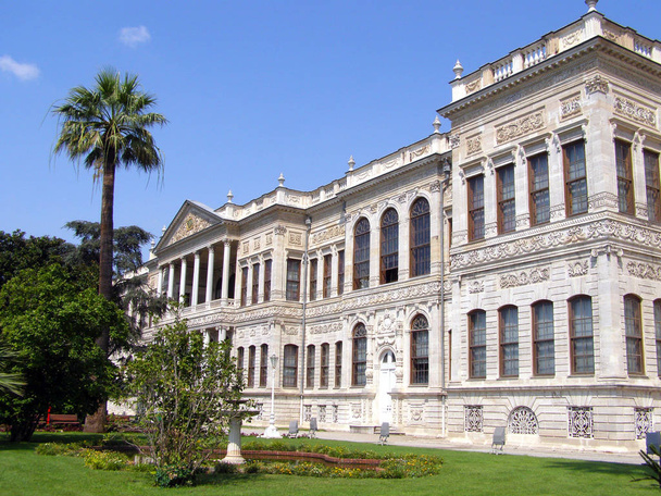 Istanbul - Facciata Veduta del Palazzo Dolmabahce con palma, Turchia
 - Foto, immagini