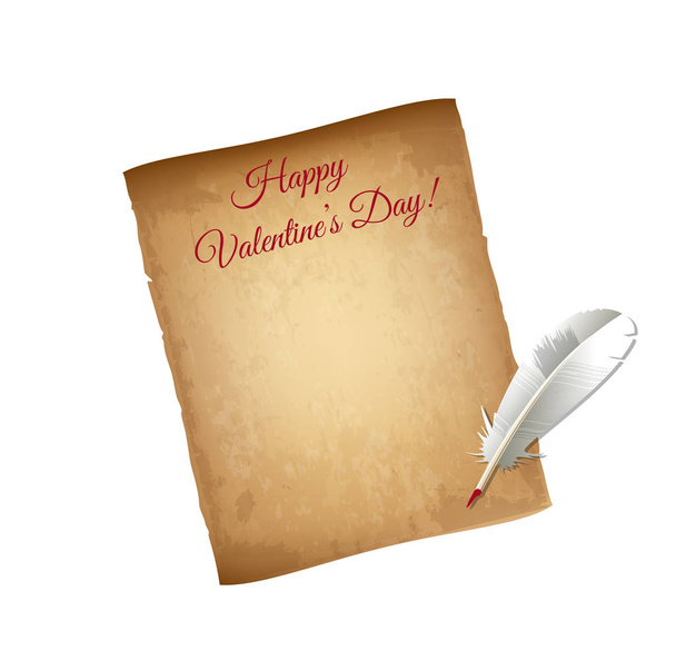 Oude Grungy Perkamentpapier en veren Pen geïsoleerd op een witte achtergrond. Happy Valentines Day groeten Card. gedragen Papyrus, kopie ruimte. Vintage Love Letter verklaring, poëzie. Vectorillustratie. - Vector, afbeelding
