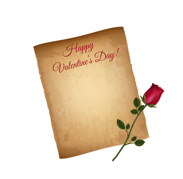 Vanha Grungy paperi ja punainen tyylikäs ruusu eristetty valkoisella taustalla. Hyvää ystävänpäivää onnittelukortti. Käytetty pergamentti, Papyrus Kopioi tilaa. Vintage Love Letter. Kulunut rakenne. Vektorikuvaus
 - Vektori, kuva