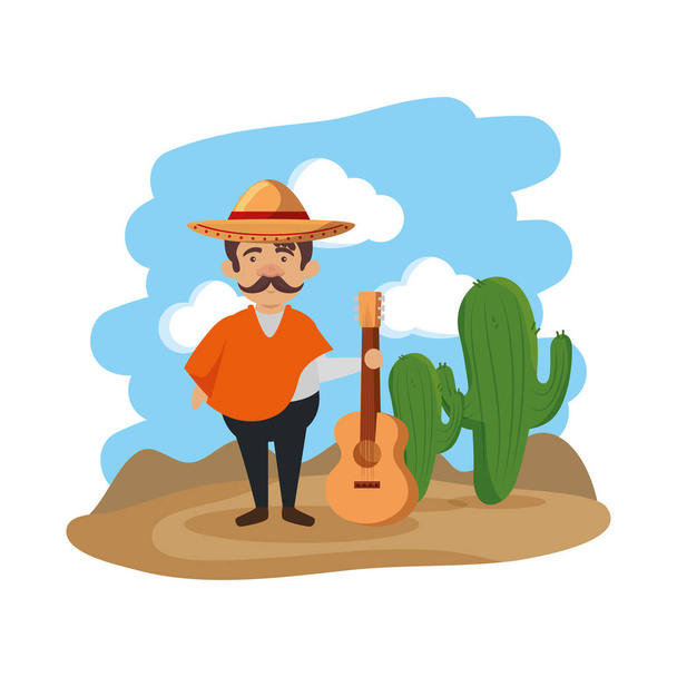 traditional mexican man with hat and guitar - Vektör, Görsel