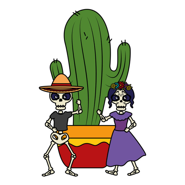 Szkielet katrina i mariachi z kaktusa - Wektor, obraz
