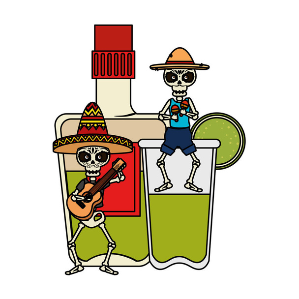 Σκελετοί Μεξικανοί αντιπροσωπευτική μουσικές και τεκίλα που πίνουν - Διάνυσμα, εικόνα