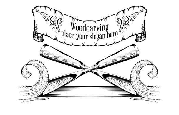 Woodcarving logotype Illustration with a chisel, cutting a wood slice, vintage style logo, black and white isolated engraving. - Vector, Image