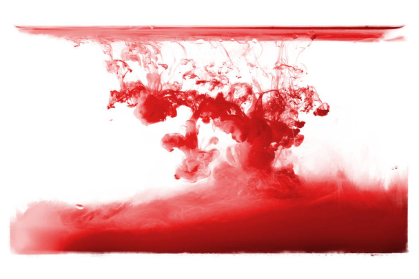 Kırmızı suluboya mürekkep damla sıçrama izole beyaz arka plan üzerinde kan kavramı kanama diffüz - Fotoğraf, Görsel
