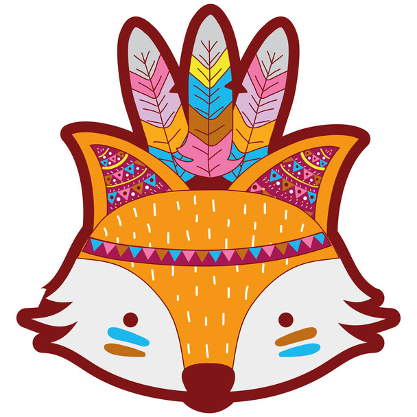 line color cute fox head animal with feathers vector illustration - Vector, Image