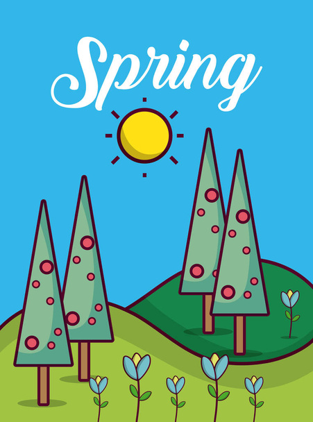 Tiempo primavera paisaje lindo tarjeta vector ilustración diseño gráfico
 - Vector, imagen