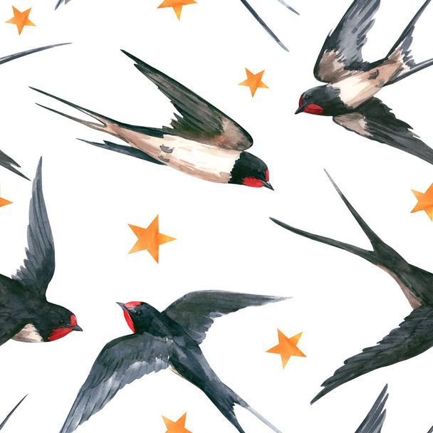 Watercolor swallow pattern - Foto, afbeelding