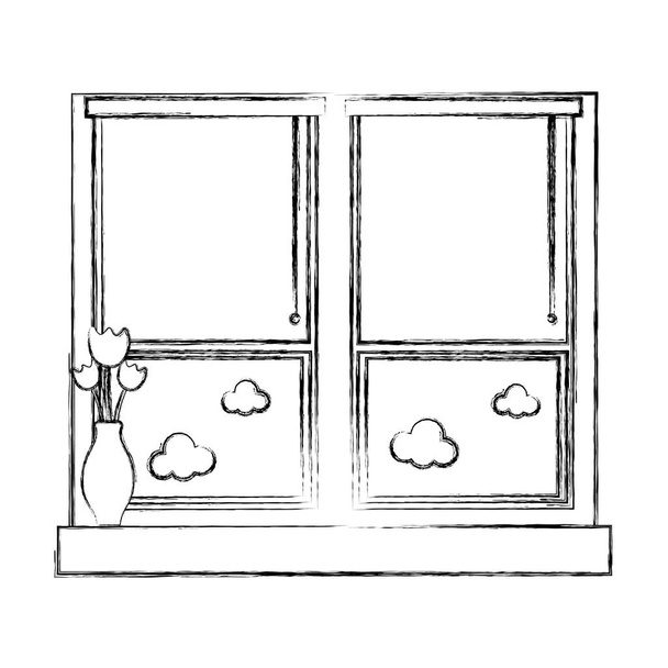 Figurenfenster mit blindem Vorhang und Fower im Inneren des Glasvektors Illustration - Vektor, Bild
