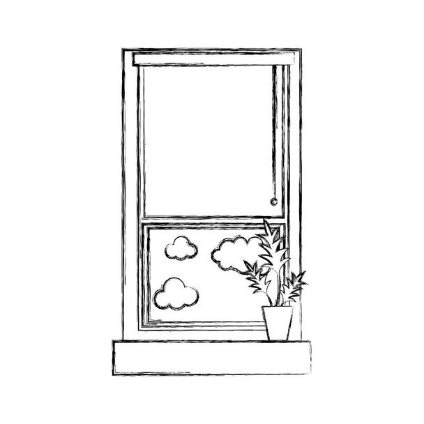 Figurenfenster mit geöffnetem Vorhang und Pflanzenvektorillustration - Vektor, Bild