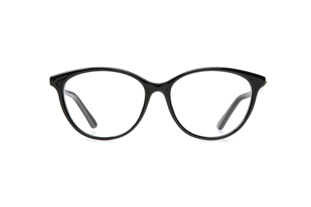Gafas negras en montura redonda transparente para lectura o buena vista ocular, vista frontal aislada sobre fondo blanco. Maqueta de gafas
. - Foto, Imagen