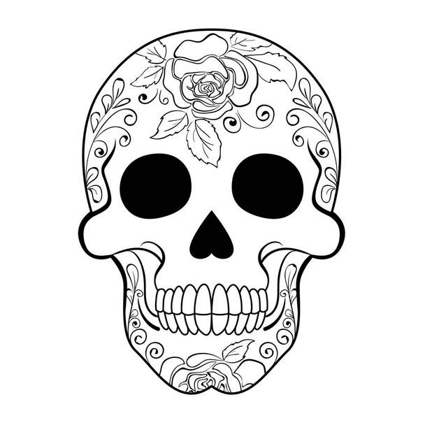 Vector illustration of a black and white sugar skull. Day of The Dead colorful sugar skull with floral ornament and flower seamless pattern.  - Вектор, зображення