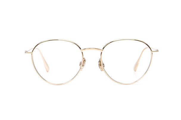 Złote okulary metalowe czytania lub dobry wzroku, widok z przodu na białym tle. Makieta okulary - Zdjęcie, obraz