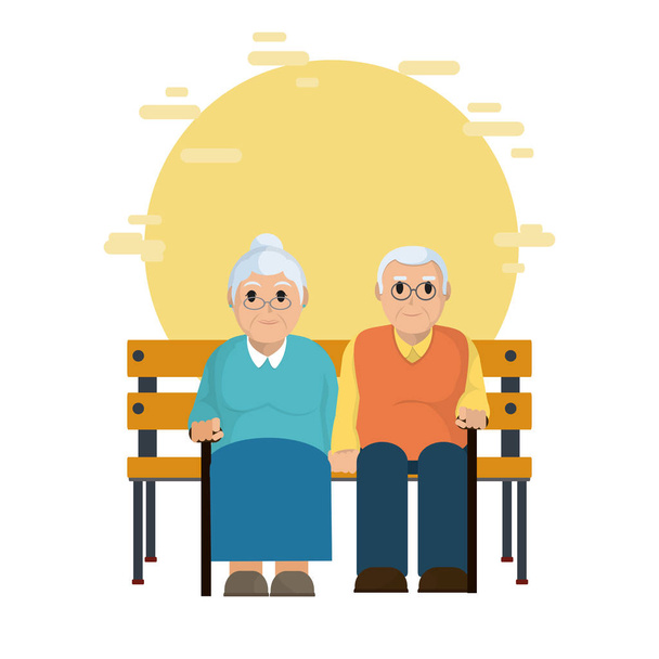 Söpö isovanhemmat istuu puinen tuoli vektori kuvitus graafinen suunnittelu
 - Vektori, kuva