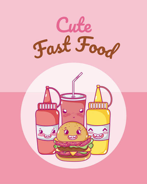 Lindo combo de comida rápida kawaii vector de dibujos animados ilustración diseño gráfico
 - Vector, imagen