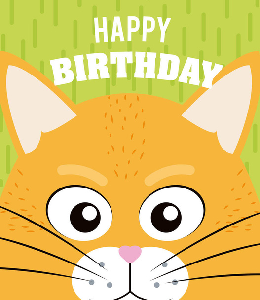 Cat cartoon on happy birthday card vector illustration graphic design - Vektör, Görsel