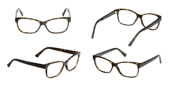 Zestaw firmy czarne i żółte okulary w prostokątnej ramce przezroczysty na białym tle. Kolekcja mody biuro okulary - Zdjęcie, obraz