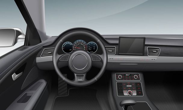 Ilustración vectorial del interior del coche moderno con el tablero de instrumentos y la rueda dentro del salón
 - Vector, Imagen