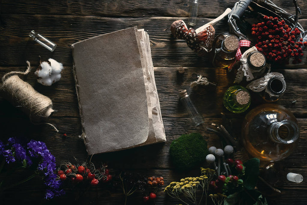 Ancient recipe scroll book with copy space and various dry herbs on a table of witch doctor. Herbal medicine essential oil on a table. Witchcraft background with copy space. - Fotoğraf, Görsel