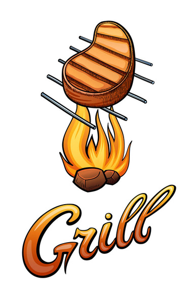 Grill lettering and illustration. Restaurant cafe bar menu title with a bbq fire and embers. Calligraphic headline. Colorful bright volume font. Typographic pop-art inscription for poster - Vector, Image