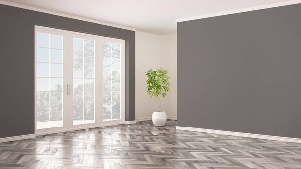Empty white and gray interior with panoramic window, winter panorama with snow, herringbone parquet floor, classic contemporary design, concept idea, copy space blank background - Photo, Image