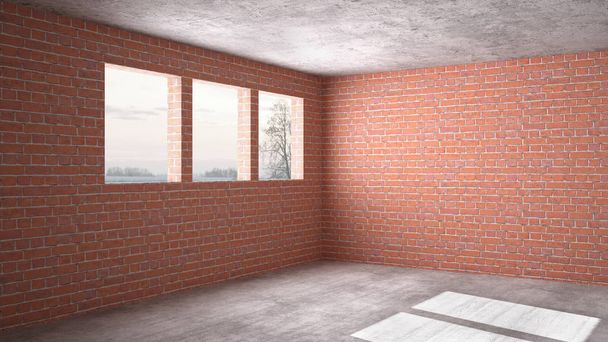 Interior of a new house under construction, home renovation, brick walls, concrete flooring, architecture engineering concept background with copy space - Photo, Image