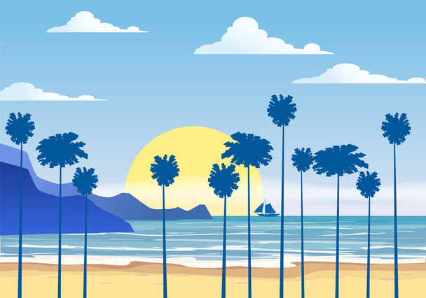 Summer sunny tropical backgrounds seascape with palms seaside, beach mountanes sky horison, sunset. Vector illustration, isolated, template - Vector, afbeelding