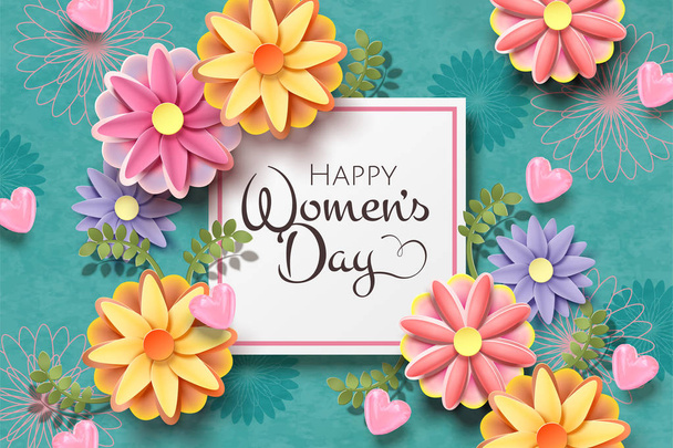 Happy women's day card template with paper flowers on turquoise background - Вектор,изображение
