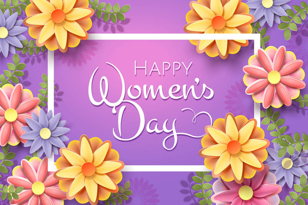 Happy women's day card template with paper flowers on purple background - Вектор, зображення
