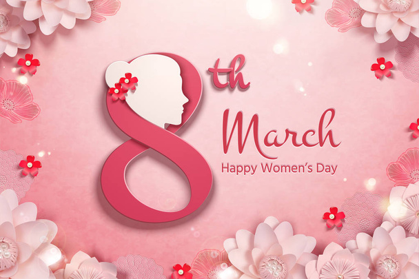 Happy women's day with woman's head and pink paper flowers frame - Вектор, зображення