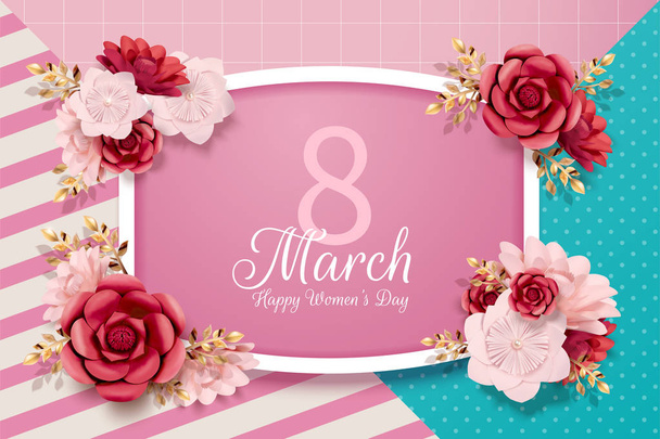 Elegant March 8 women's day design with paper camellia on geometry background - Vektor, Bild