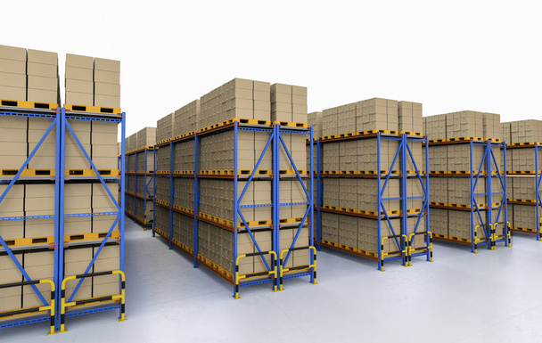 bastidores de renderizado 3d llenos de cajas de cartón en el almacén
 - Foto, imagen