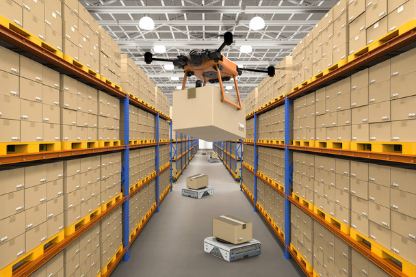 Automazione concetto di magazzino con 3d rendering consegna drone contenente scatola di cartone e robot magazzino
 - Foto, immagini