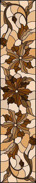 Illustration en vitrail avec fleurs, feuilles et bourgeons de fleurs, image symétrique, orientation verticale, ton brun
 - Vecteur, image
