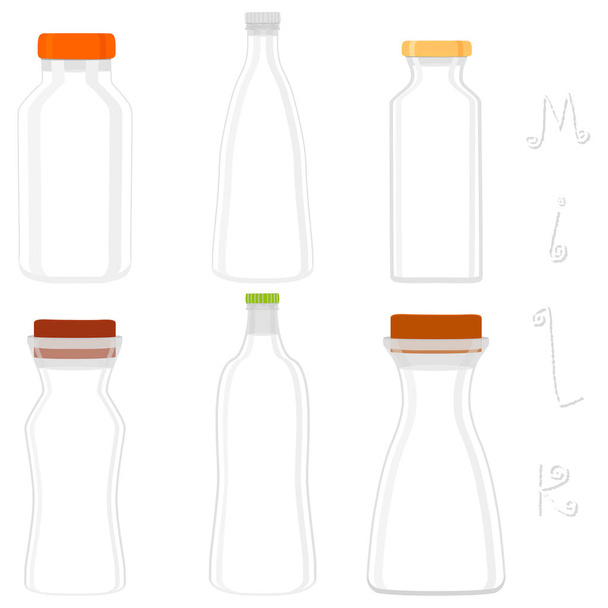 Ілюстрація на тему великого набору різних типів охолодженого молока, молочних пляшок різного розміру. Молочний напій, що складається з колекційних аксесуарів молочних пляшок до органічної їжі. Молочне молоко з пляшки з кришкою
. - Вектор, зображення