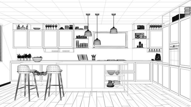 Progetto di interior design, schizzo di inchiostro bianco e nero, progetto di architettura che mostra cucina moderna, isola con sgabelli e accessori, architettura contemporanea
 - Foto, immagini
