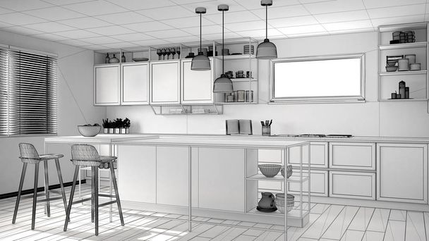 Unfertiger Entwurf einer Küche mit Holzdetails und Parkettboden, moderne Pendelleuchten, minimalistische Raumkonzept-Idee, Insel mit Hockern und Accessoires - Foto, Bild