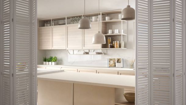 Открытие белых складных дверей на современной белой кухне с деревянными деталями и паркетным полом, белый дизайн интерьера, дизайнерская концепция, размытый фон
 - Фото, изображение