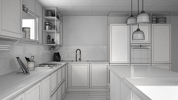 Progetto di progetto incompiuto di cucina con dettagli in legno e pavimento in parquet, lampade a sospensione moderne, idea di design d'interni minimalista, isola con sgabelli e accessori
 - Foto, immagini