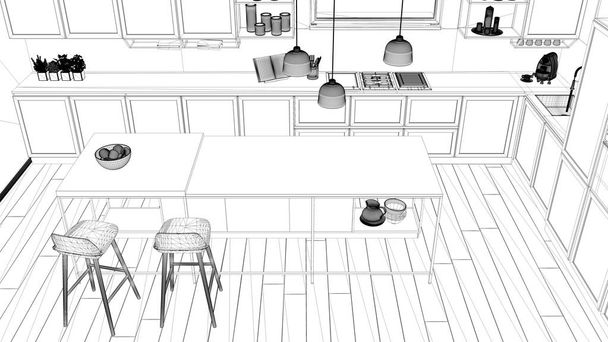 Interiérový design projektu, černobílý inkoust skica, architektura blueprint zobrazeno moderní kuchyň, ostrov s židle a doplňky, moderní architektura, pohled shora - Fotografie, Obrázek