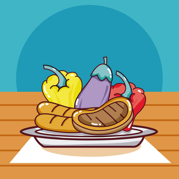 Groenten en vlees in schotel cartoon vector illustratie grafisch ontwerp - Vector, afbeelding