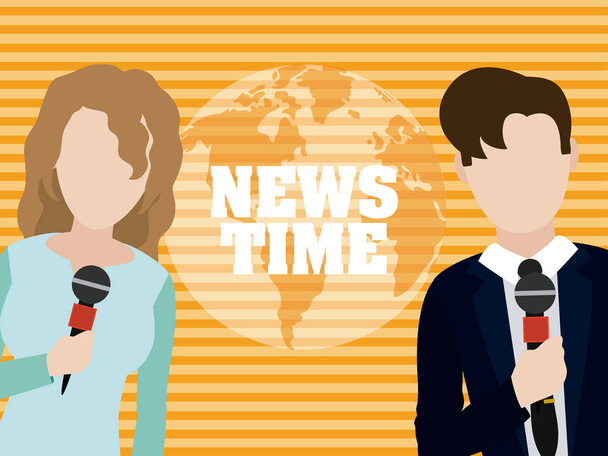 Nieuws tijd aroudn wereld en journalisten teamwerk avatar cartoon vector illustratie grafisch ontwerp - Vector, afbeelding