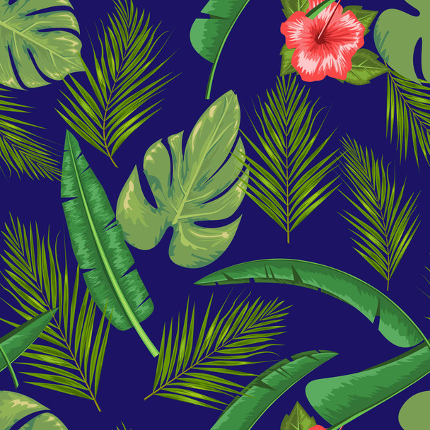 Egzotik soyut vektör orman ya da tropikal yaprak ve çiçek seamless modeli. Vektör çizim. Yaprak yeşil ve mavi arka plan. - Vektör, Görsel