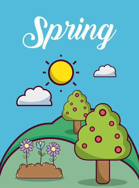 Tiempo primavera paisaje lindo tarjeta vector ilustración diseño gráfico
 - Vector, imagen