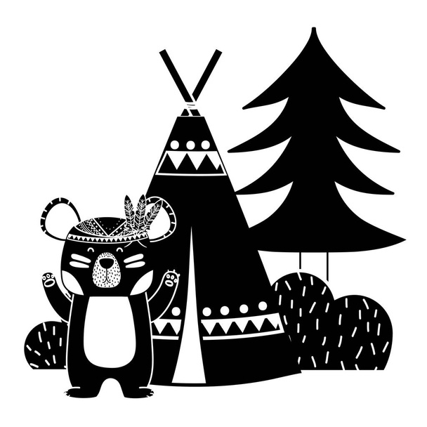 silhouette bear animal with camp next to bush and pine tree vector illustration - Vector, imagen