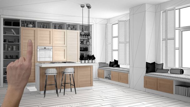 Unfinished project, under construction draft, concept interior design sketch, hand pointing real wooden kitchen with blueprint background, architect and designer idea - Photo, Image