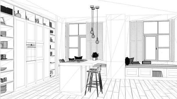 Proyecto de diseño de interiores, boceto de tinta en blanco y negro, diseño de arquitectura que muestra la cocina moderna en un apartamento de lujo contemporáneo con suelo de parquet, arquitectura contemporánea
 - Foto, Imagen