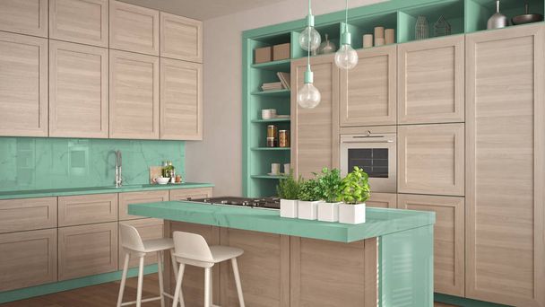 Modern turquoise kitchen with wooden details in contemporary luxury  apartment with parquet floor, vintage retro interior design, architecture  open space living room concept idea Stock Illustration